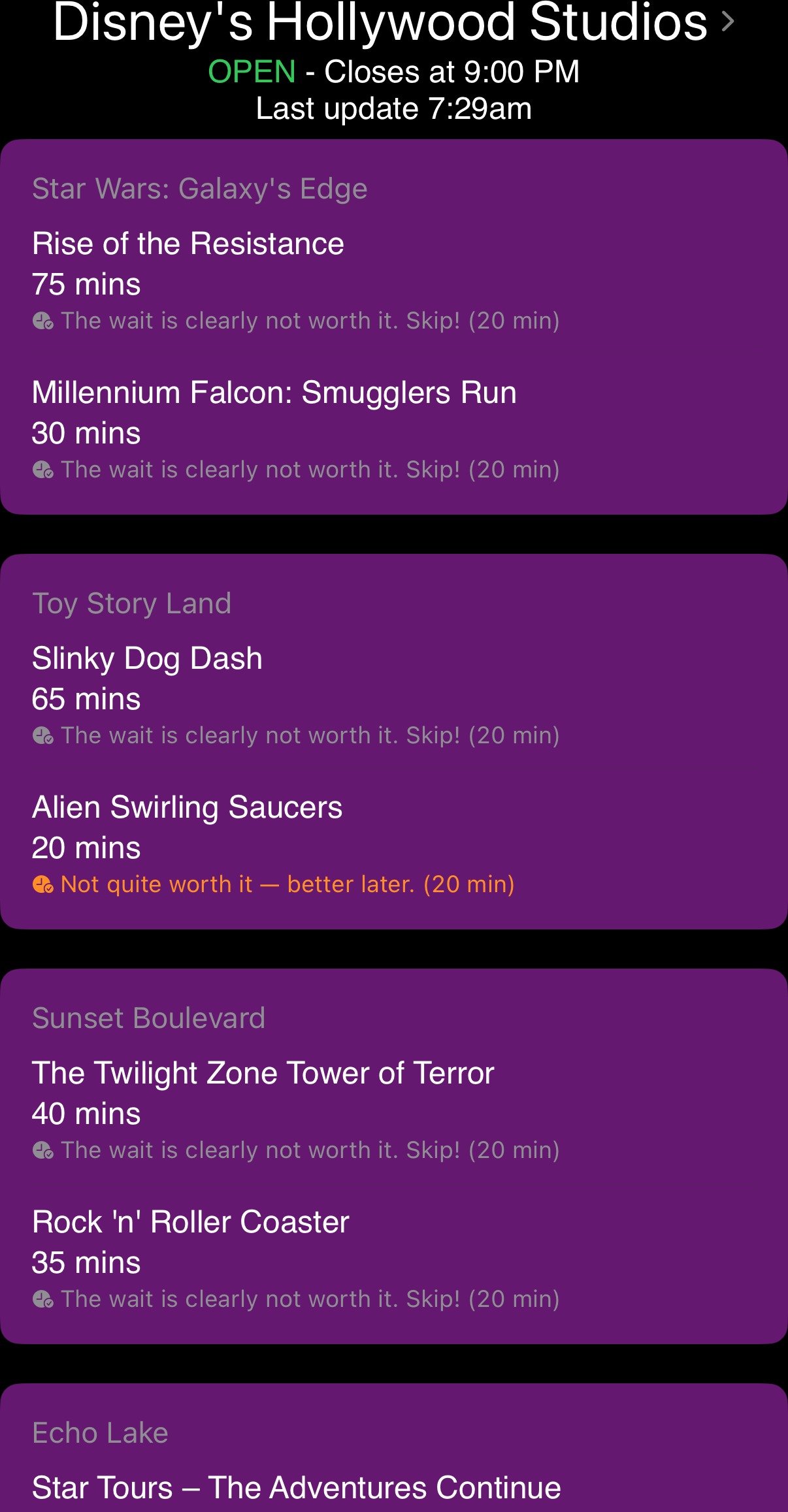 Alternate Park screen tracking two parks side by side
