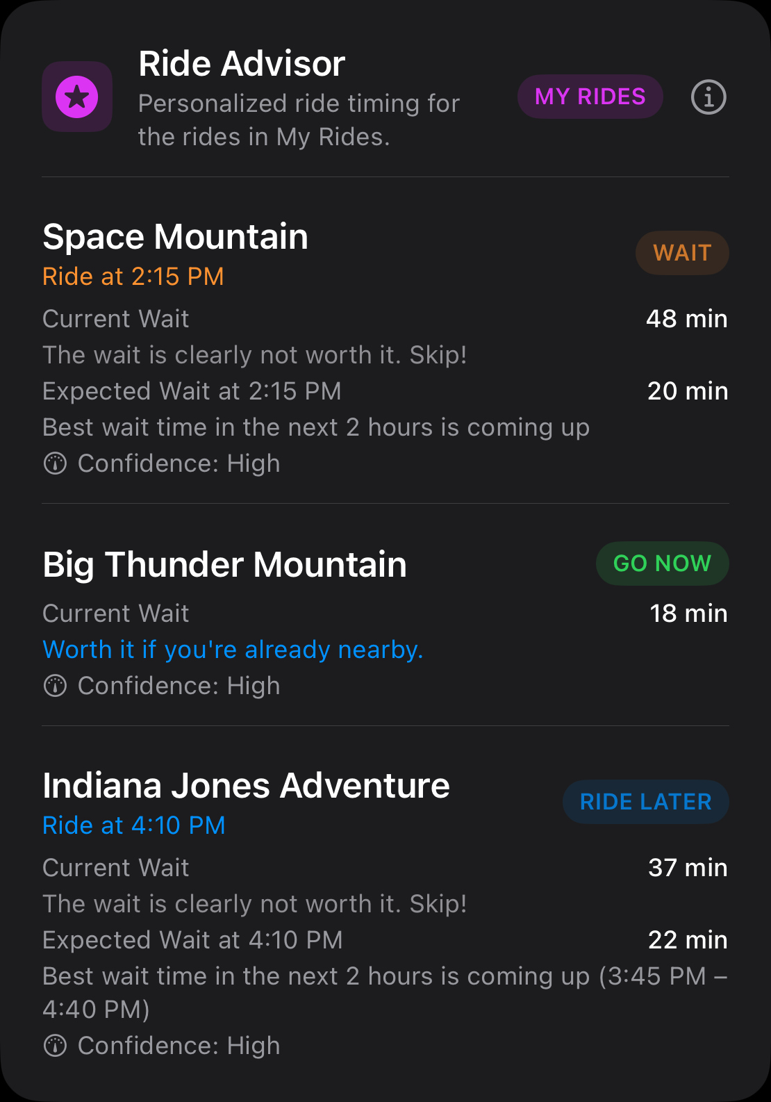 Ride Advisor screen showing personalized ride timing for Space Mountain, Big Thunder Mountain, and Indiana Jones Adventure