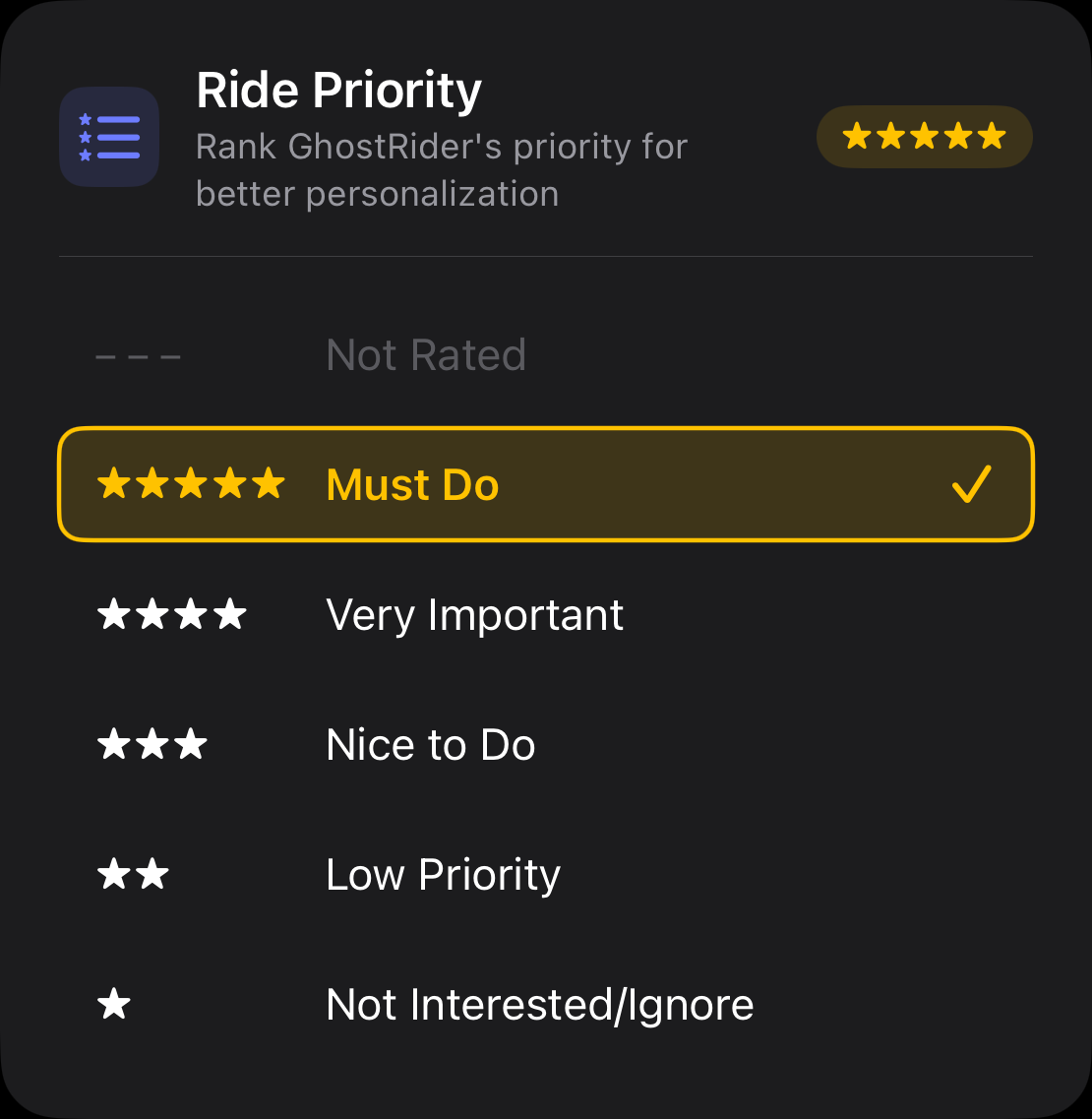 Ride Priority card letting a guest rate how much they want to ride an attraction