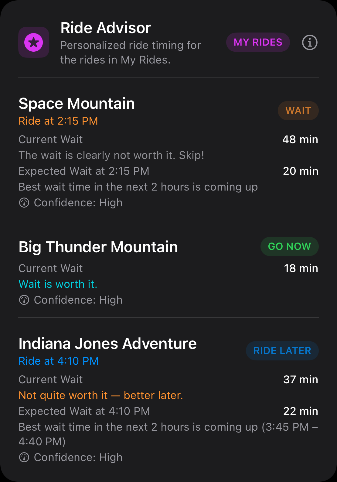 Park Wait Times Advisor tab showing today's Park Strategy and personal ride recommendations pinned at the top