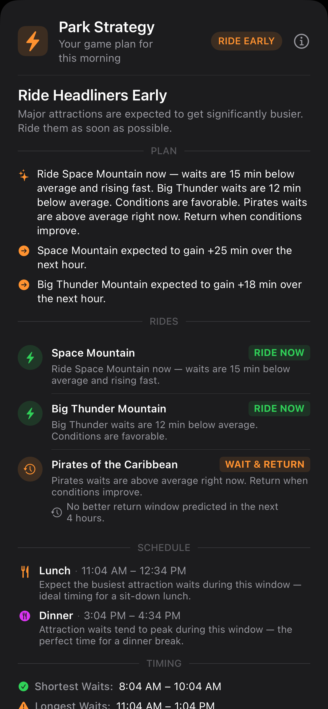 Park Strategy full-day plan screen